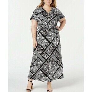 NY Collection Womens Short Sleeve Beaded V-Neck Maxi Dress Size 1XP Animal Print